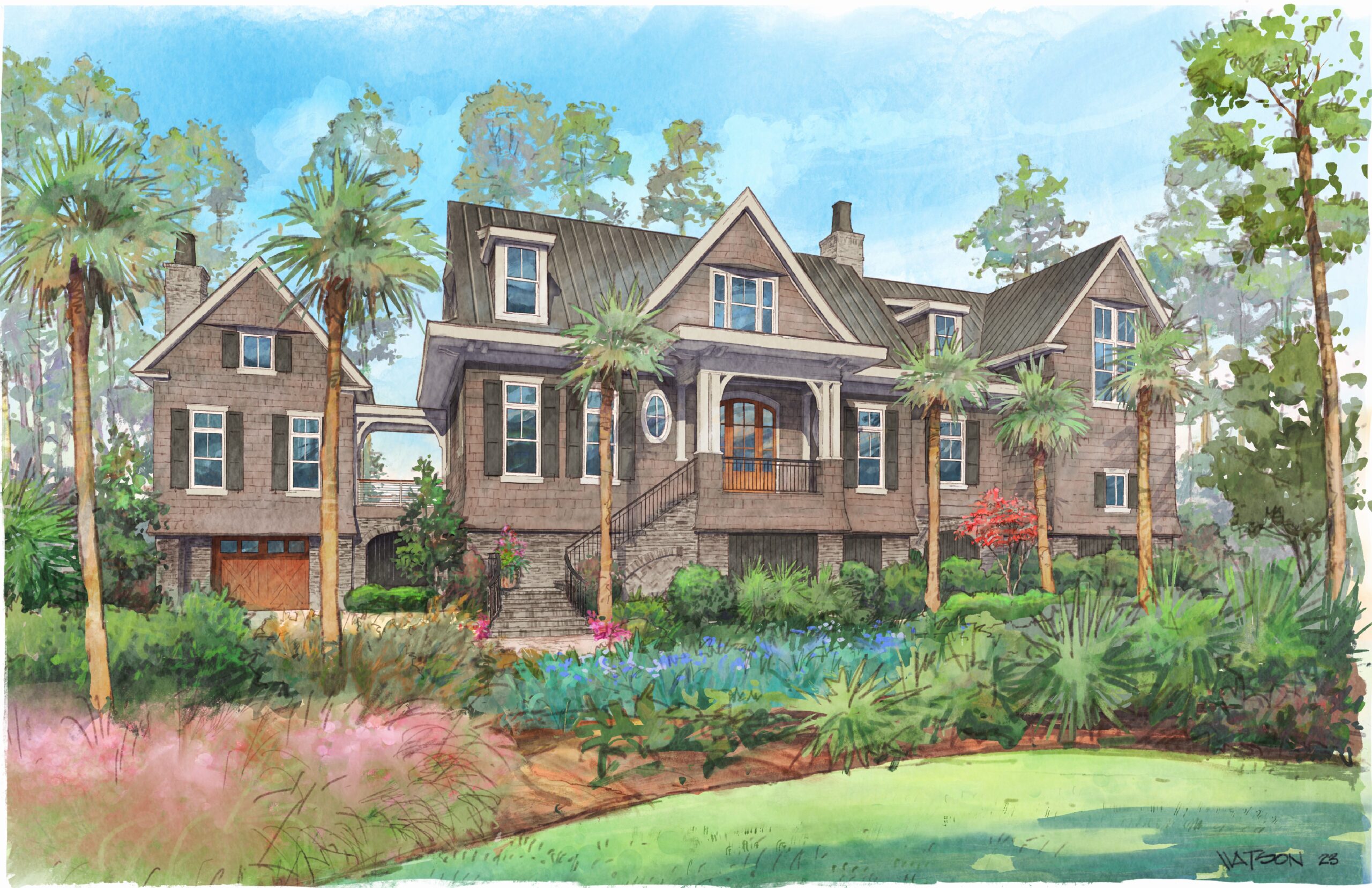 Front view of watercolor hand rendering of elevated one and one-half story shingle style house with brick foundation, shuttered windows, deep overhangs, metal roof, and arched mahogany front door. Covered breezeway connects garage structure to main house.