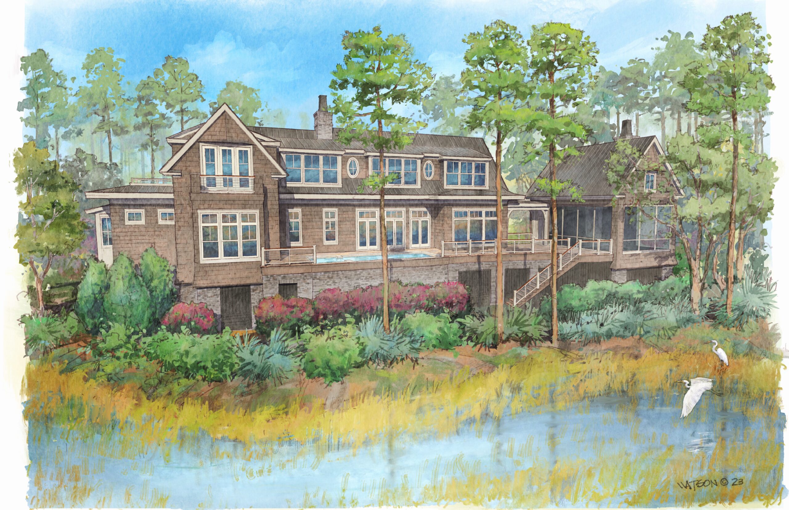 Watercolor hand rendering of rear side of elevated one and one-half story shingle style house with brick foundation, metal roof, shed dormer windows, cable handrails, large deck area with pool, and large screened porch situated on deep waterfront marsh to the right of the house. 