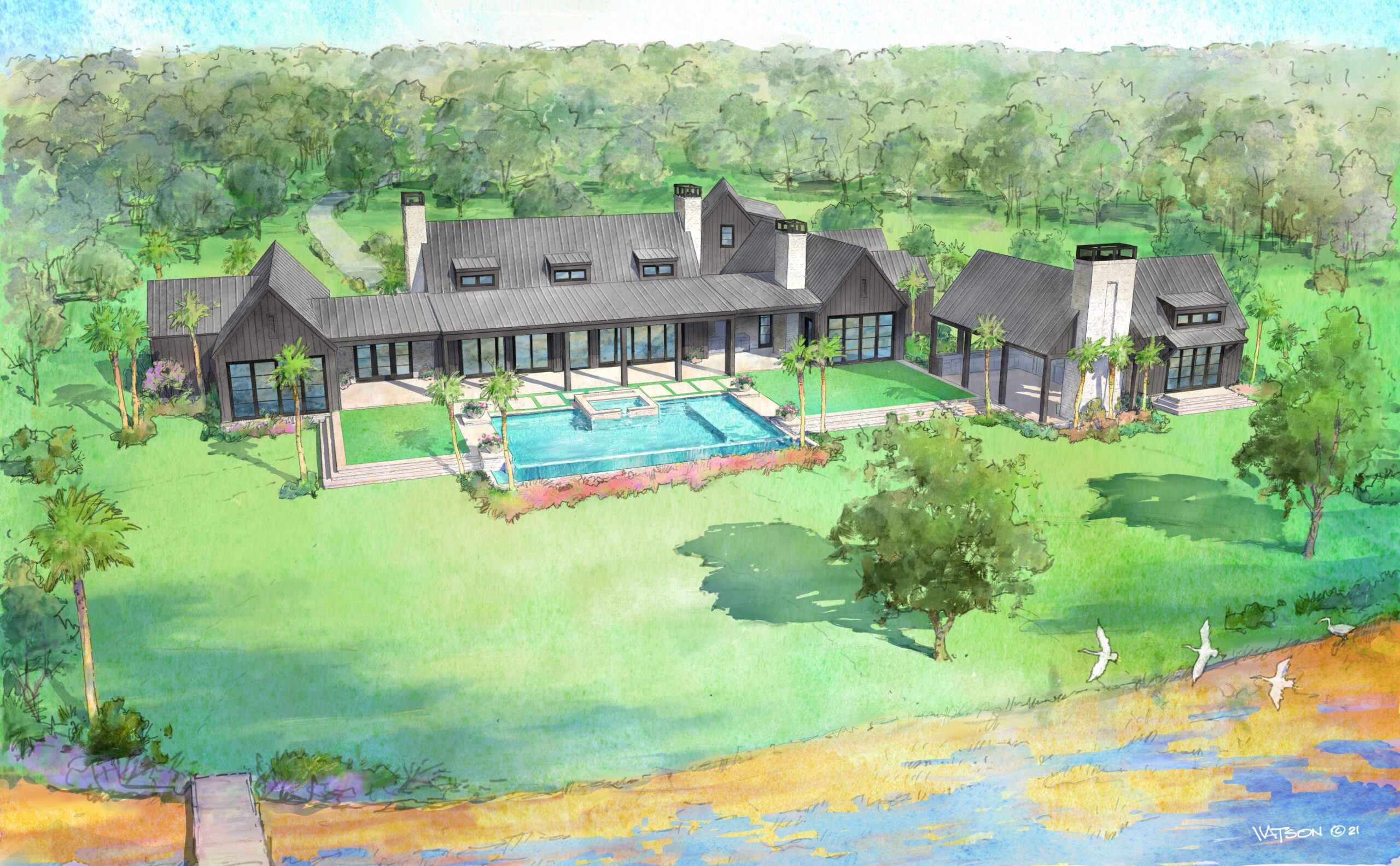 Rear aerial view of watercolor hand rendering of one-story modern farmhouse with floor to ceiling glass opening up to large outdoor space that leads out to elevated lawn and infinity edge pool overlooking river marsh. House has board and batt siding with metal roof and painted brick chimneys. Detached pool cabana located on right side of picture.