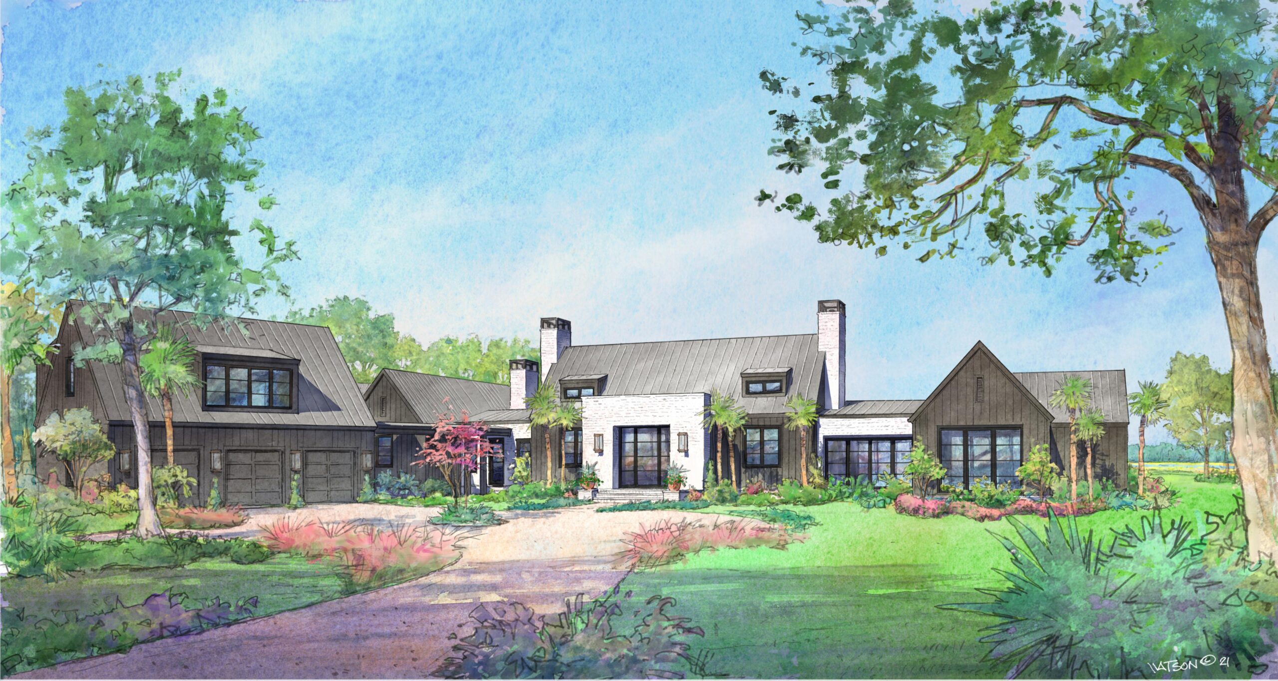 Front view of watercolor hand rendering of one-story modern farmhouse with center painted brick entry element with steel door. House has board and batt siding with metal roof and painted brick chimneys. Covered walkway leads to three bay garage on left side of picture.