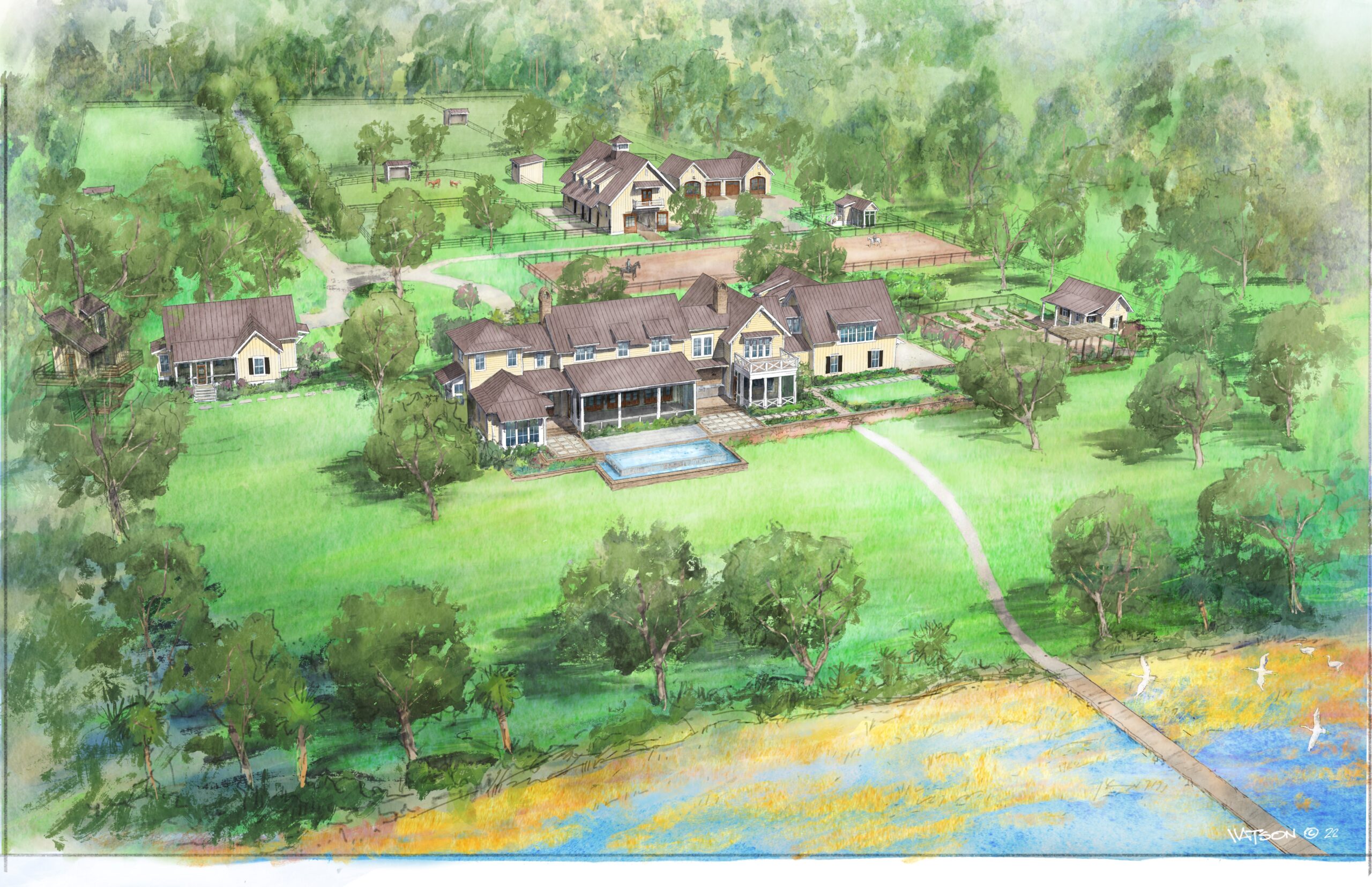 Flyover view of colored illustration of Lowcountry estate from river showing main house, guest house, potting shed with garden, horse barn, tractor shed, chicken coop, and horse paddocks beyond.