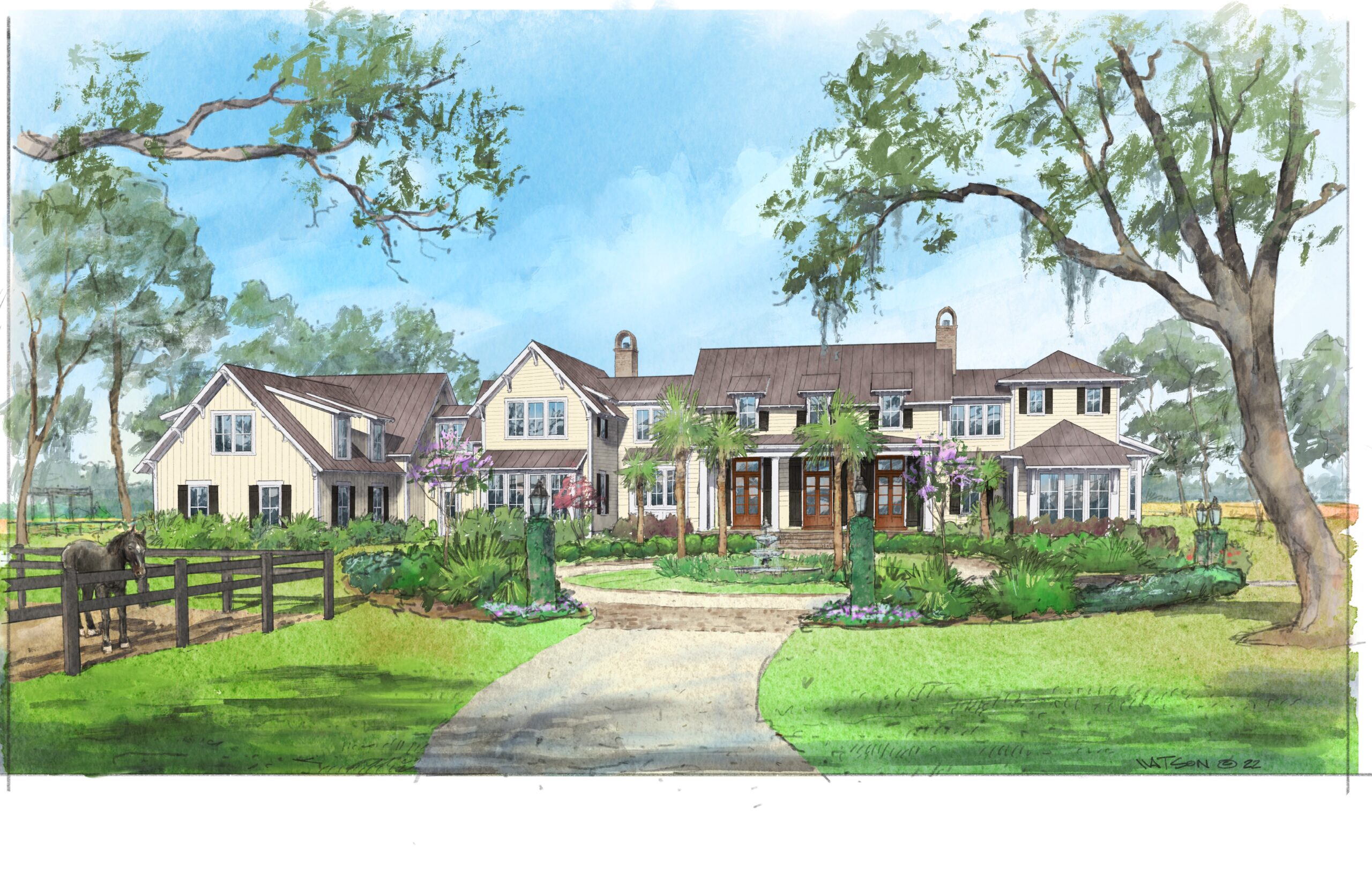 Watercolor illustration of front of Lowcountry style house with large entry porch, dormers, exposed rafter tails, bay windows, and decorative brackets.