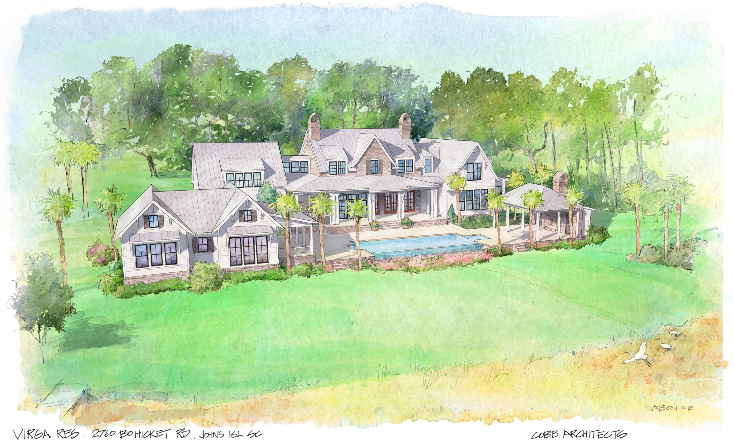 Rear aerial view of watercolor hand drawing of central two-story brick house with metal roof, dormer windows, and center gable. Lap sided two-story masses on either side of brick structure. Large, covered porch along rear of house that steps down to deck with infinity edge pool. Open pool cabana with outdoor fireplace to right side of rendering while gabled guest cottage is located on left side. Rear of house incorporates many windows into overall design.