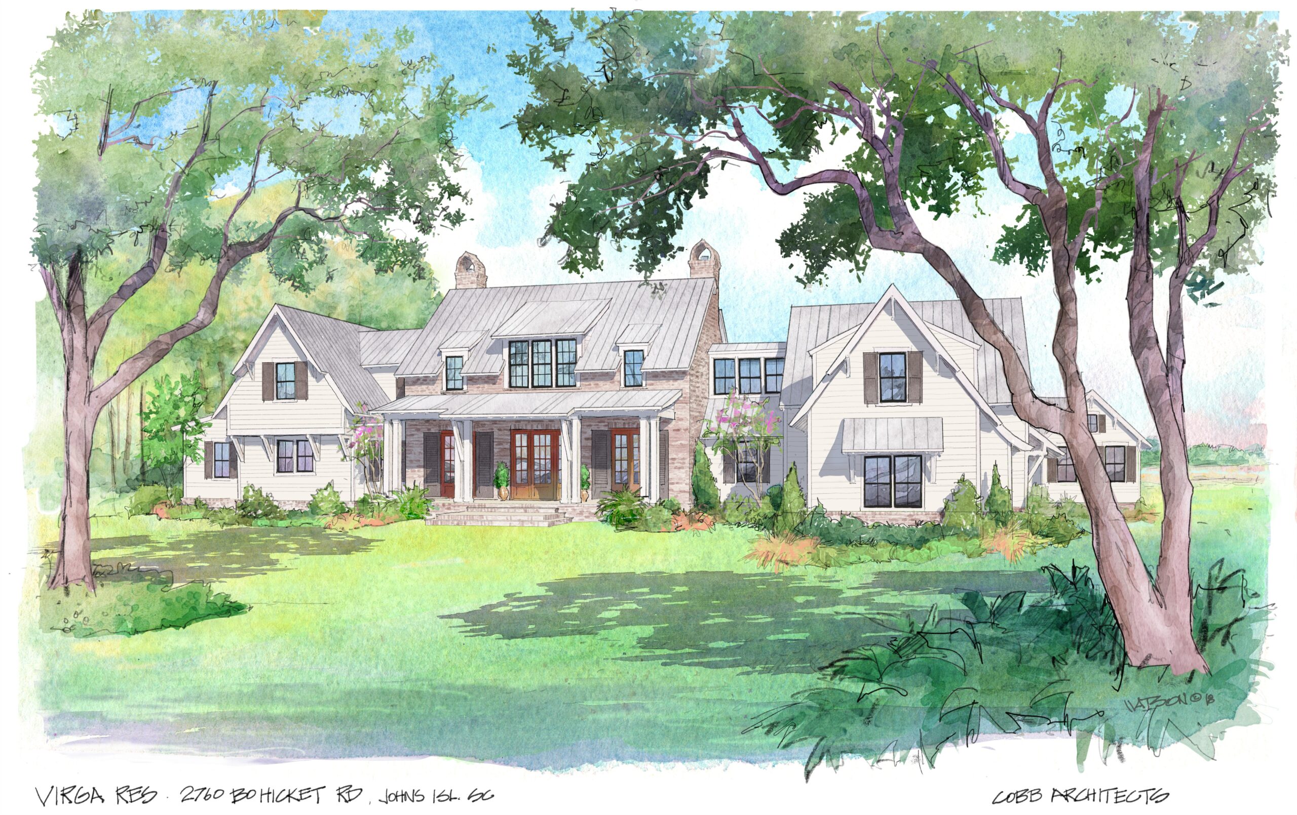 Front view of watercolor hand drawing of central two-story brick house with metal roof, dormer windows, and mahogany French doors. Lap sided two-story masses on either side of brick structure. Steep gable ends with applied bracket details.