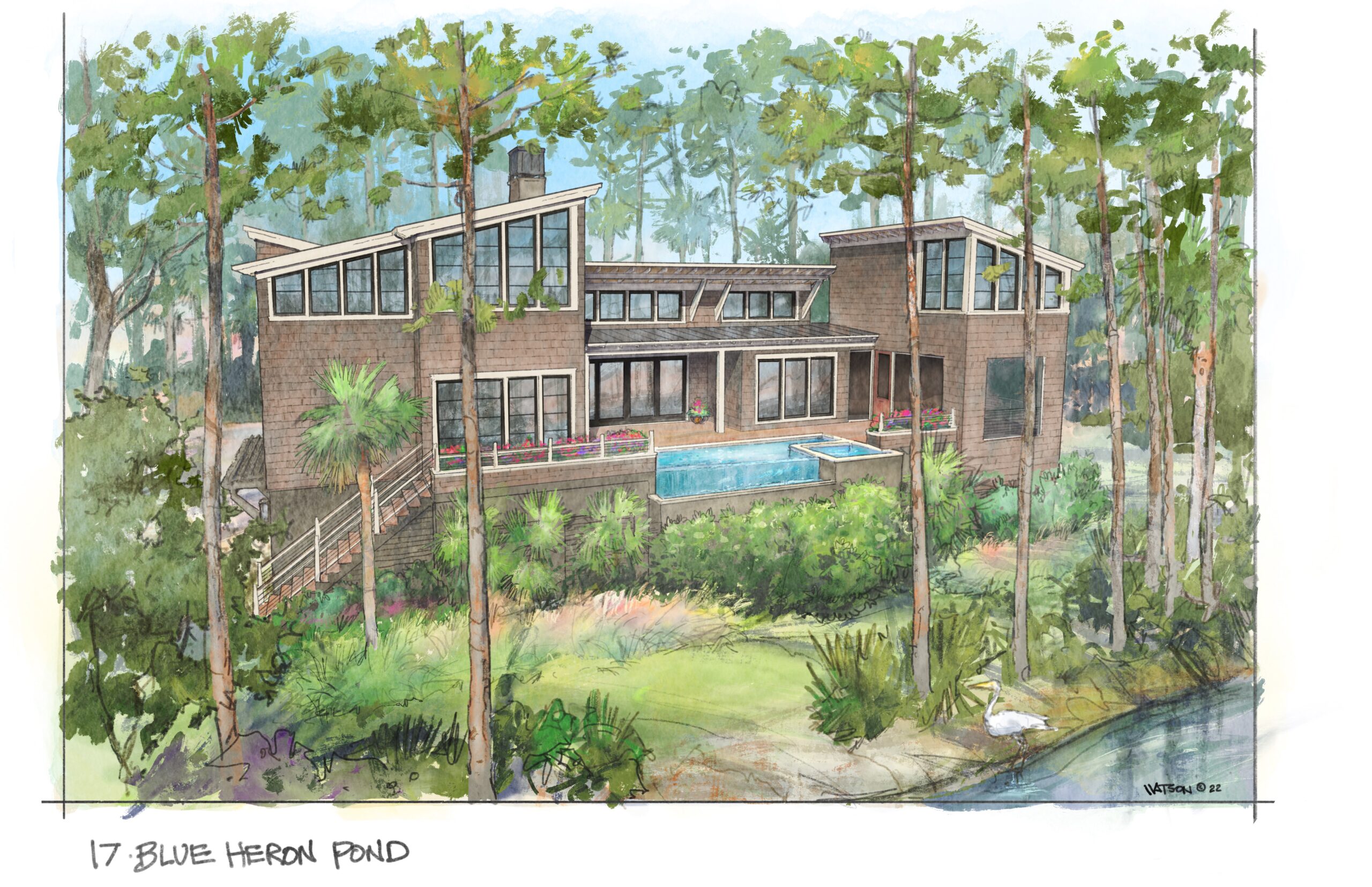 Lagoon view of watercolor rendering showing elevated modern shingle house nestled within tall pine trees with angled roofs and tall glass windows. Center of house is vaulted one-story space with clerestory windows and overly deep roof overhangs held up by large wood brackets. House surrounds pool deck with infinity edge pool and spa, with screened porch to the right.
