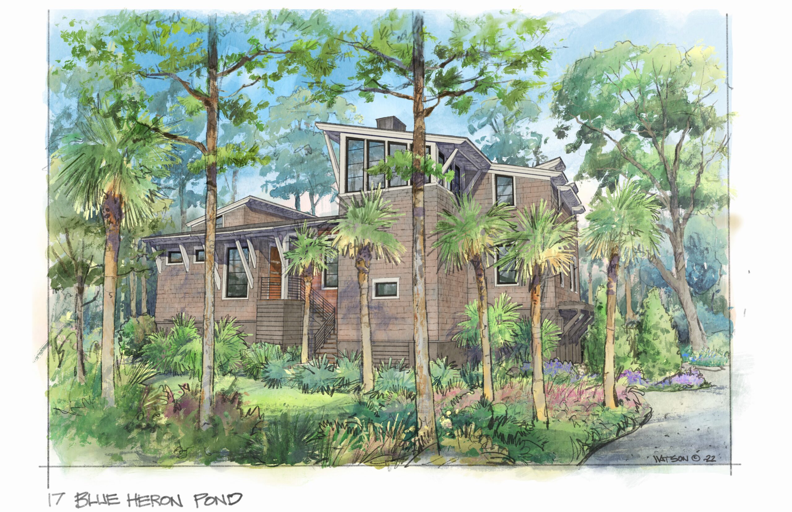 Front view of watercolor rendering showing elevated modern shingle house with front stair tower, angled roofs, metal handrails, and overly deep roof overhangs held up by large wood brackets.