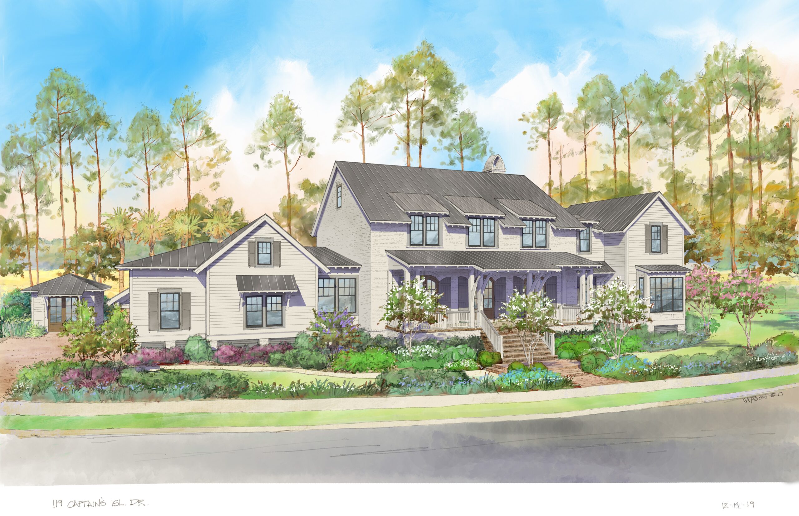 Watercolor hand drawing of central two-story brick house with two-story lap siding mass on right side and one-story lap siding mass on left. Full front porch with elliptical arched mahogany doors across brick part of house with dormer windows above and center masonry stair.