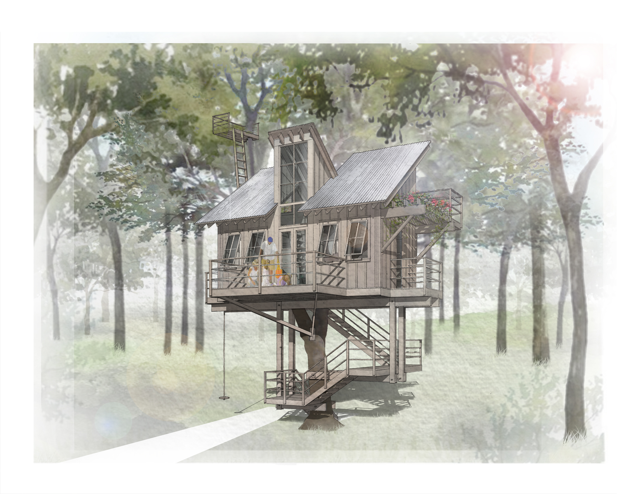 Sketch of elevated treehouse with angled metal roofs, exposed rafter tails, horizontal handrails, board and batt siding, and multiple viewing platforms.