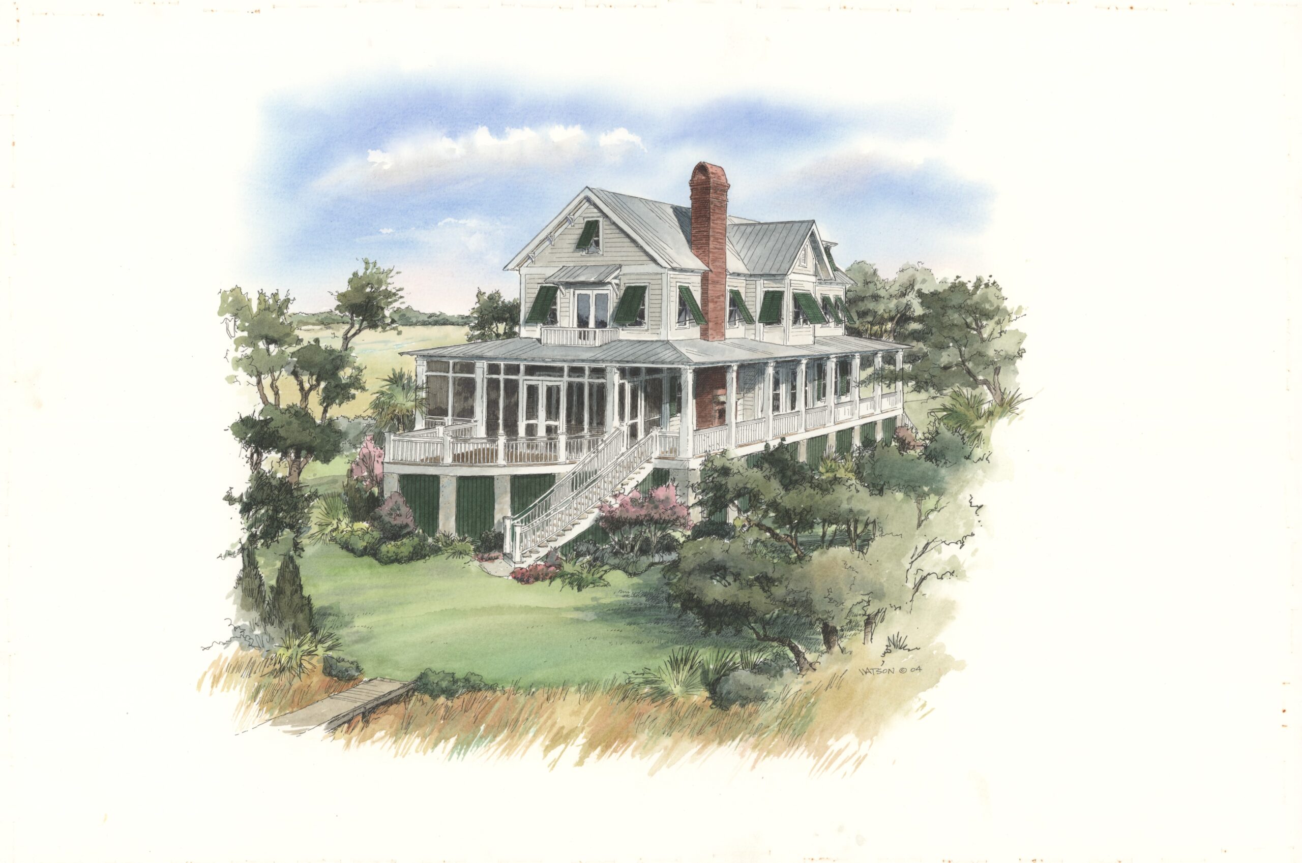 Sketch of Lowcountry style elevated home with wrap around porches. House has a metal roof, bracketed gable ends, second-story Bahama shutters, brick chimney, and tabby foundation.